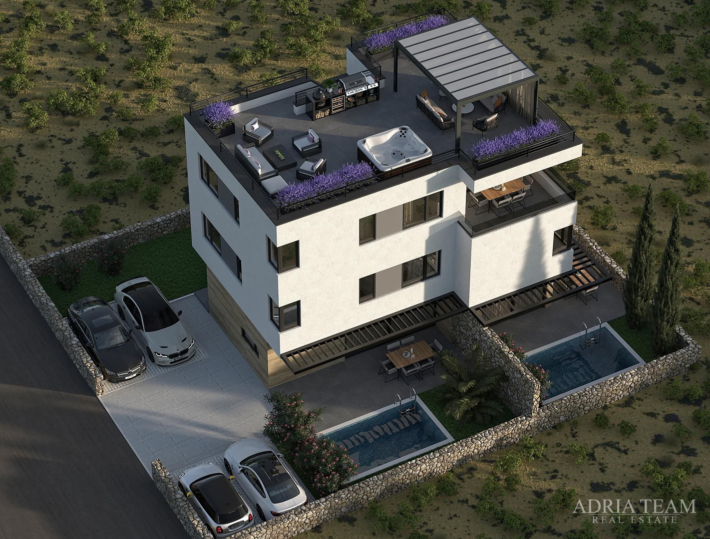 APARTMANI S BAZENOM, VRTOM I KROVNOM TERASOM, NOVOGRADNJA, PREKRASAN POGLED - MANDRE, PAG
