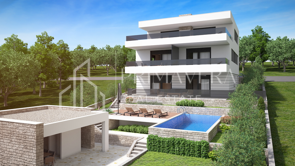 Posedarje, land with building permit - 4 apartments, swimming pool, summer kitchen, sea view