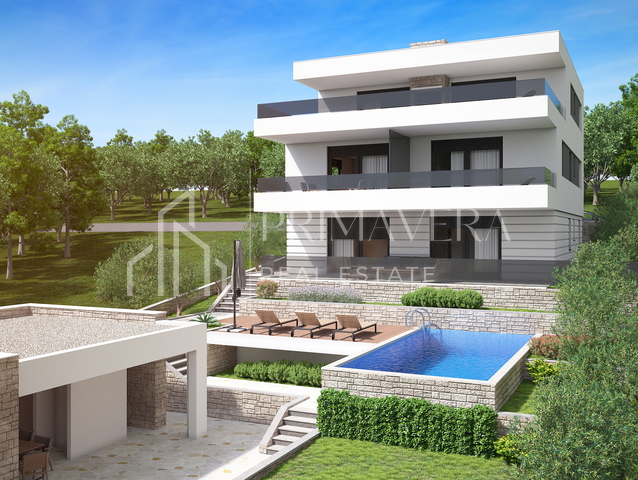 Posedarje, land with building permit - 4 apartments, swimming pool, summer kitchen, sea view