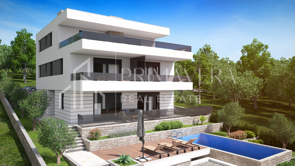 Posedarje, land with building permit - 4 apartments, swimming pool, summer kitchen, sea view