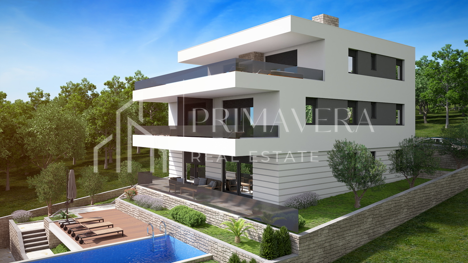 Posedarje, land with building permit - 4 apartments, swimming pool, summer kitchen, sea view