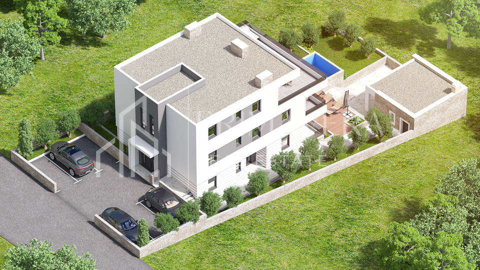 Posedarje, land with building permit - 4 apartments, swimming pool, summer kitchen, sea view