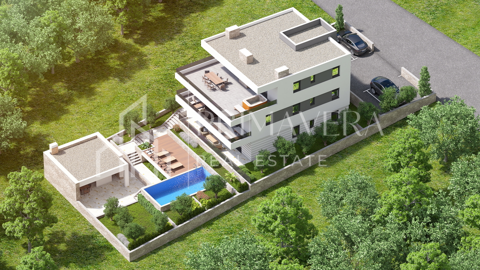 Posedarje, land with building permit - 4 apartments, swimming pool, summer kitchen, sea view