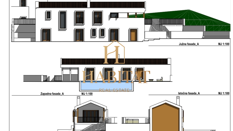 Groznjan, Baugrundstück 1.413m2, komplette Infrastruktur, Projekt für 2 Villen mit Pools