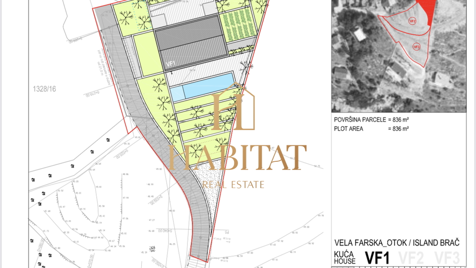 Dalmatien, Brac, Vela Farska, 90m zum Meer, Baugrundstück 836m2 mit Projekt, Baugenehmigung , TOP LAGE