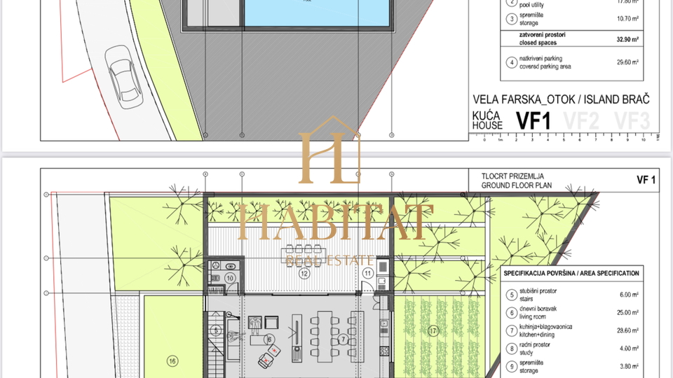 Dalmatien, Brac, Vela Farska, 90m zum Meer, Baugrundstück 836m2 mit Projekt, Baugenehmigung , TOP LAGE