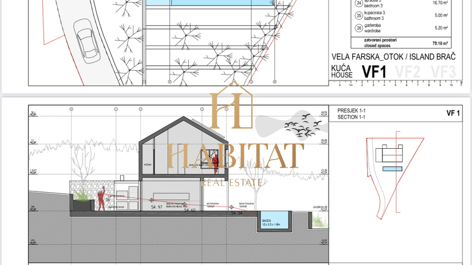 Dalmatien, Brac, Vela Farska, 90m zum Meer, Baugrundstück 836m2 mit Projekt, Baugenehmigung , TOP LAGE