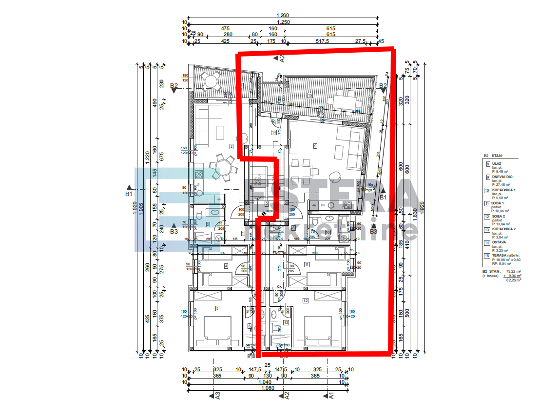 APARTMAN PRODAJA VINJERAC, POSEDARJE ,TROSOBNI B2,  82,26 m2