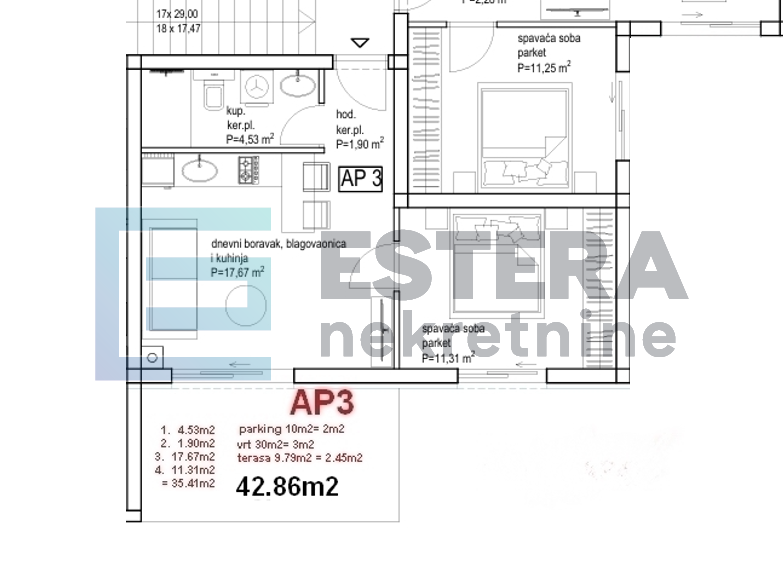 Apartman Ap3 43 m2 PRODAJA Pakoštane, Drage, 2s, priz , parking, vrt, terasa