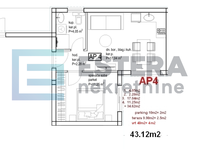 Apartman Ap4 43 m2 PRODAJA Pakoštane, Drage, 2s, priz , parking, vrt, terasa