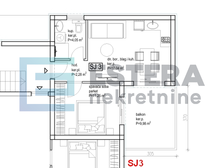 Apartman Sj3 39 m2 PRODAJA Pakoštane, Drage, 2s, 1.kat , parking, terasa