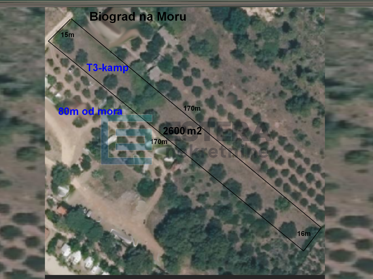 Građevinsko zemljište PRODAJA Biograd na Moru 2600 m2, 80 m od mora, sportsko - rekreativna zona