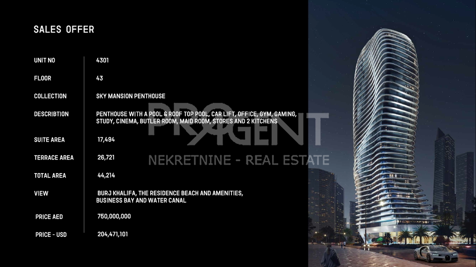 DUBAI, BUGATTI RESIDENCES BY BINGHATTI, PENTHOUSE, PRODAJE SE