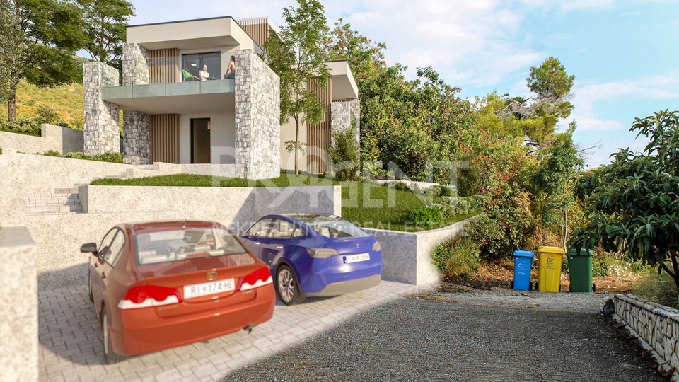 Ravni &lpar;Labin&rpar; &ndash; Baugrundst&uuml;ck 836 m&sup2; mit rechtskr&auml;ftiger Baugenehmigung f&uuml;r eine moderne Villa mit Pool und Meerblick auf Cres