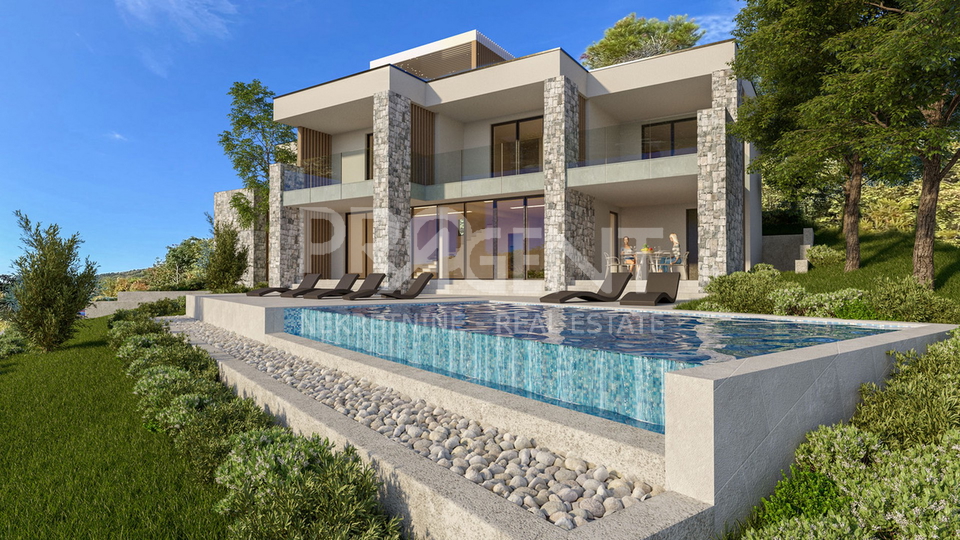 Ravni &lpar;Labin&rpar; &ndash; Baugrundst&uuml;ck 836 m&sup2; mit rechtskr&auml;ftiger Baugenehmigung f&uuml;r eine moderne Villa mit Pool und Meerblick auf Cres