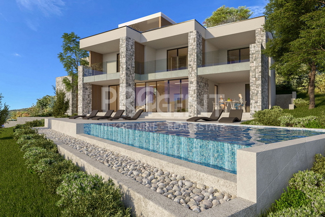 Ravni (Labin) – Baugrundstück 836 m² mit rechtskräftiger Baugenehmigung für eine moderne Villa mit Pool und Meerblick auf Cres