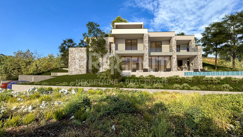 Ravni &lpar;Labin&rpar; &ndash; Baugrundst&uuml;ck 836 m&sup2; mit rechtskr&auml;ftiger Baugenehmigung f&uuml;r eine moderne Villa mit Pool und Meerblick auf Cres