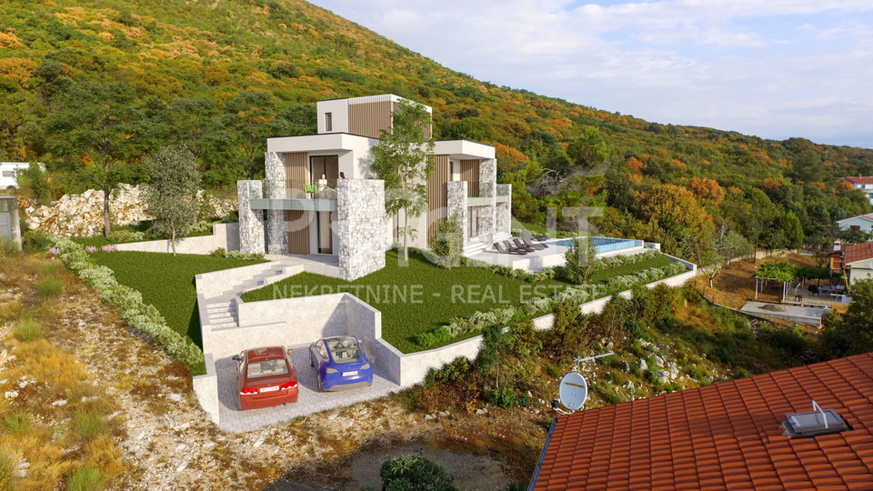 Ravni &lpar;Labin&rpar; &ndash; Baugrundst&uuml;ck 836 m&sup2; mit rechtskr&auml;ftiger Baugenehmigung f&uuml;r eine moderne Villa mit Pool und Meerblick auf Cres