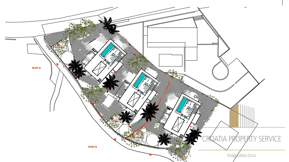 Građevinsko zemljište od 2050m2 s projektom za 3 vile – Milna, otok Brač!