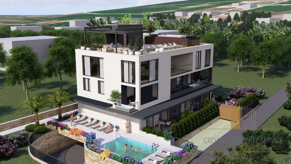 Luxusapartment mit Garten und privatem Pool, erste Reihe zum Meer – Sukošan!