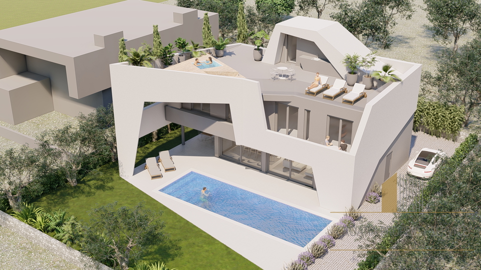 Attractive villa with pool under construction in Kastel Stafilic, 214m2 gross. Seaview!