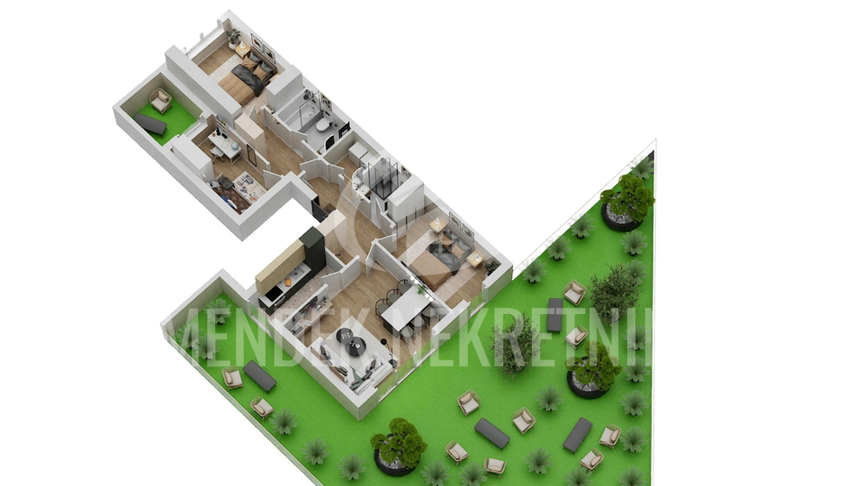 JARUNSKI VRTOVI &ndash; &ccaron;etverosoban stan 131 m&sup2; s vrtom od 134 m&sup2; uz jezero Jarun&comma; prizemlje&comma; novogradnja&comma; parking uklju&ccaron;en