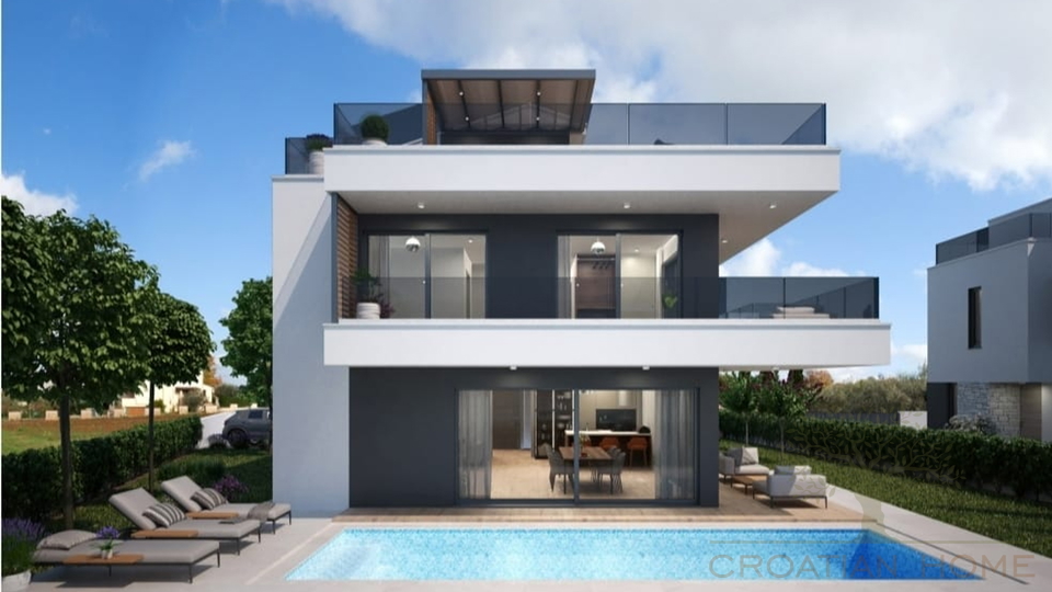 Villa mit beheiztem Pool in bester Lage nur 4000m zum Meer in ruhiger Siedlung bei Porec mit Meerblick