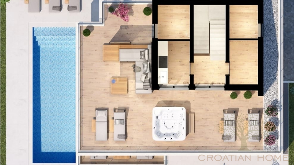 Villa mit beheiztem Pool in bester Lage nur 4000m zum Meer in ruhiger Siedlung bei Porec mit Meerblick