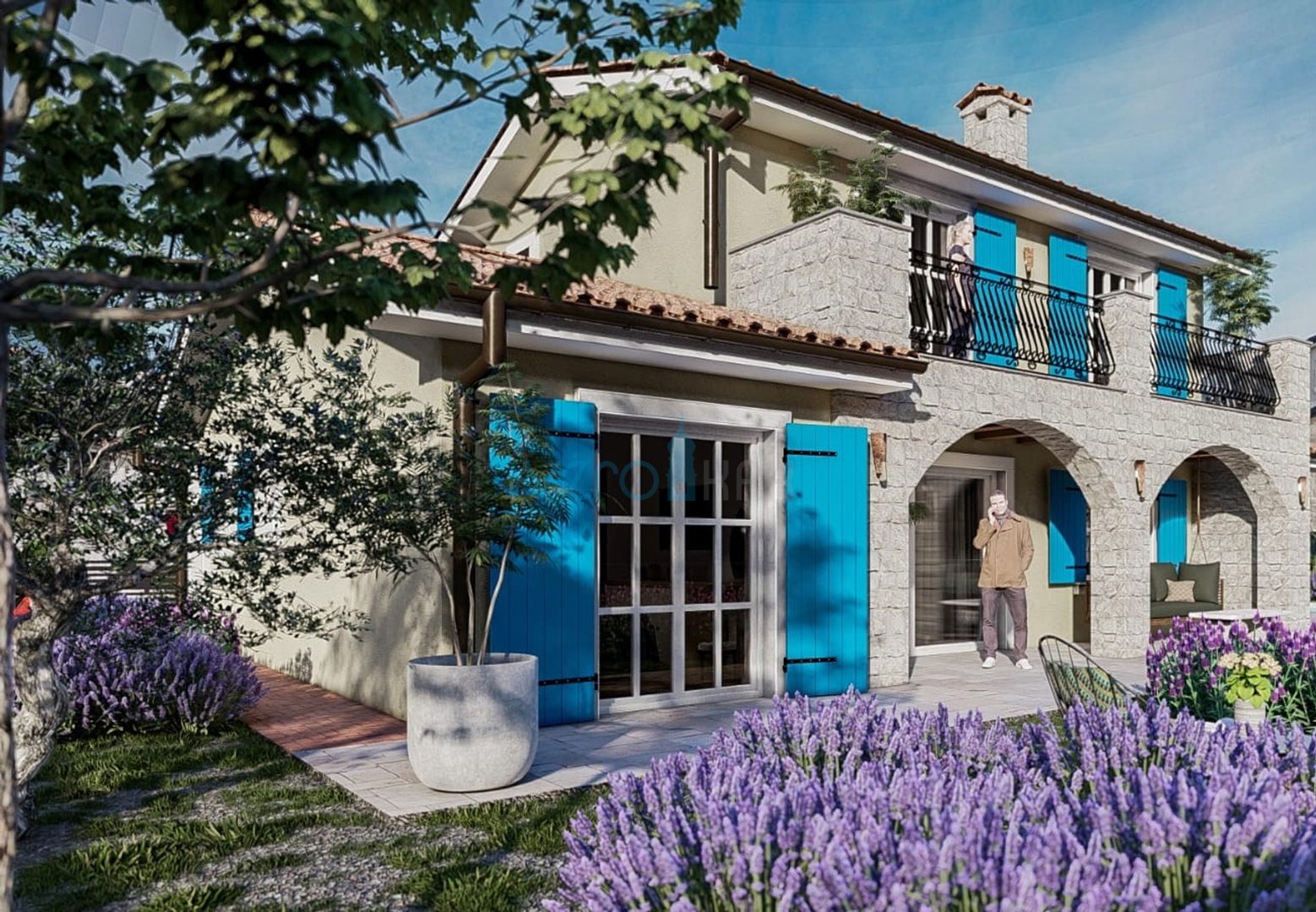 Grad Krk, okolica, nova kamena kuća sa bazenom i panoramskim pogledom na more, prodaja