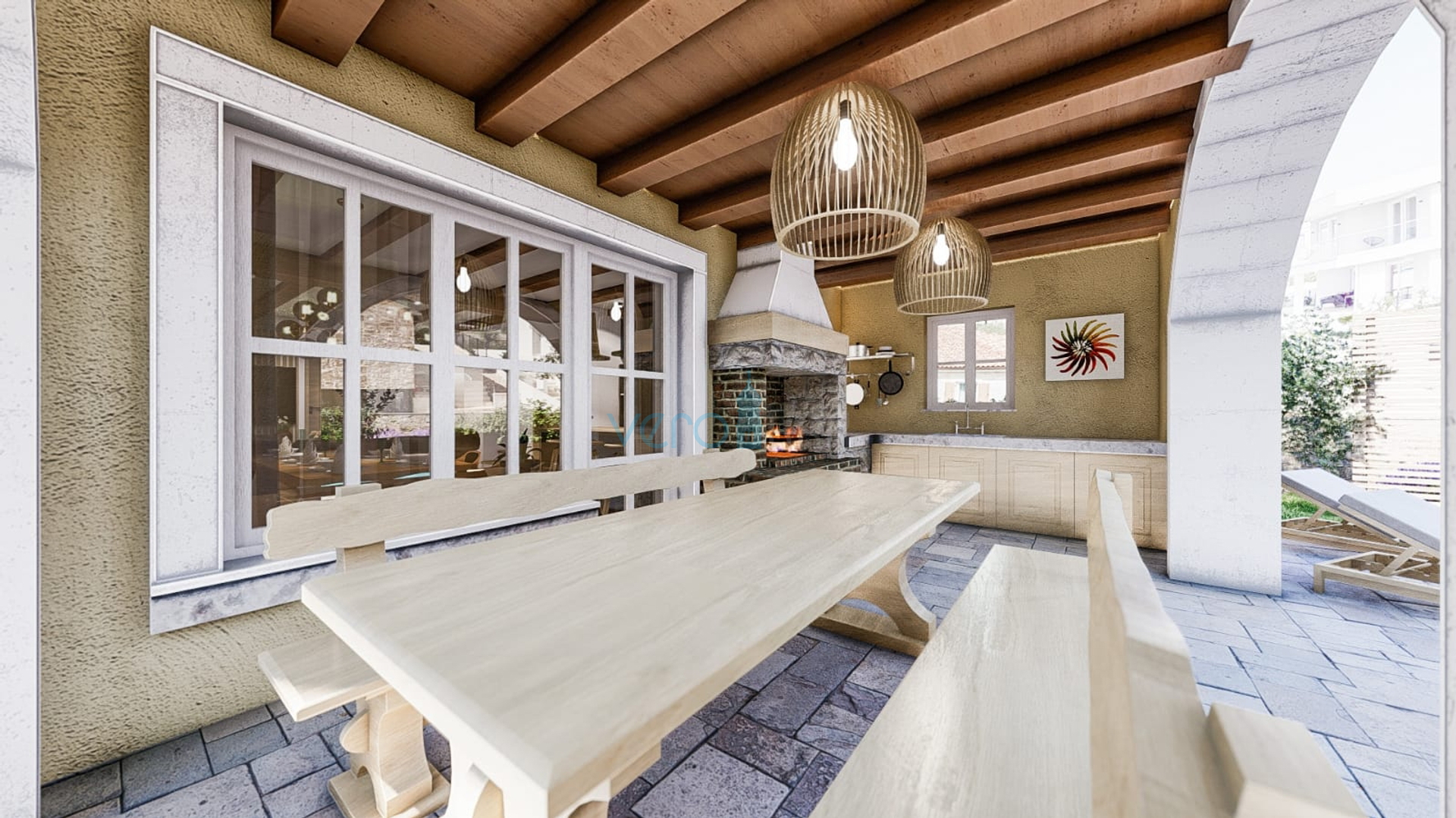 Grad Krk, okolica, nova kamena kuća sa bazenom i panoramskim pogledom na more, prodaja