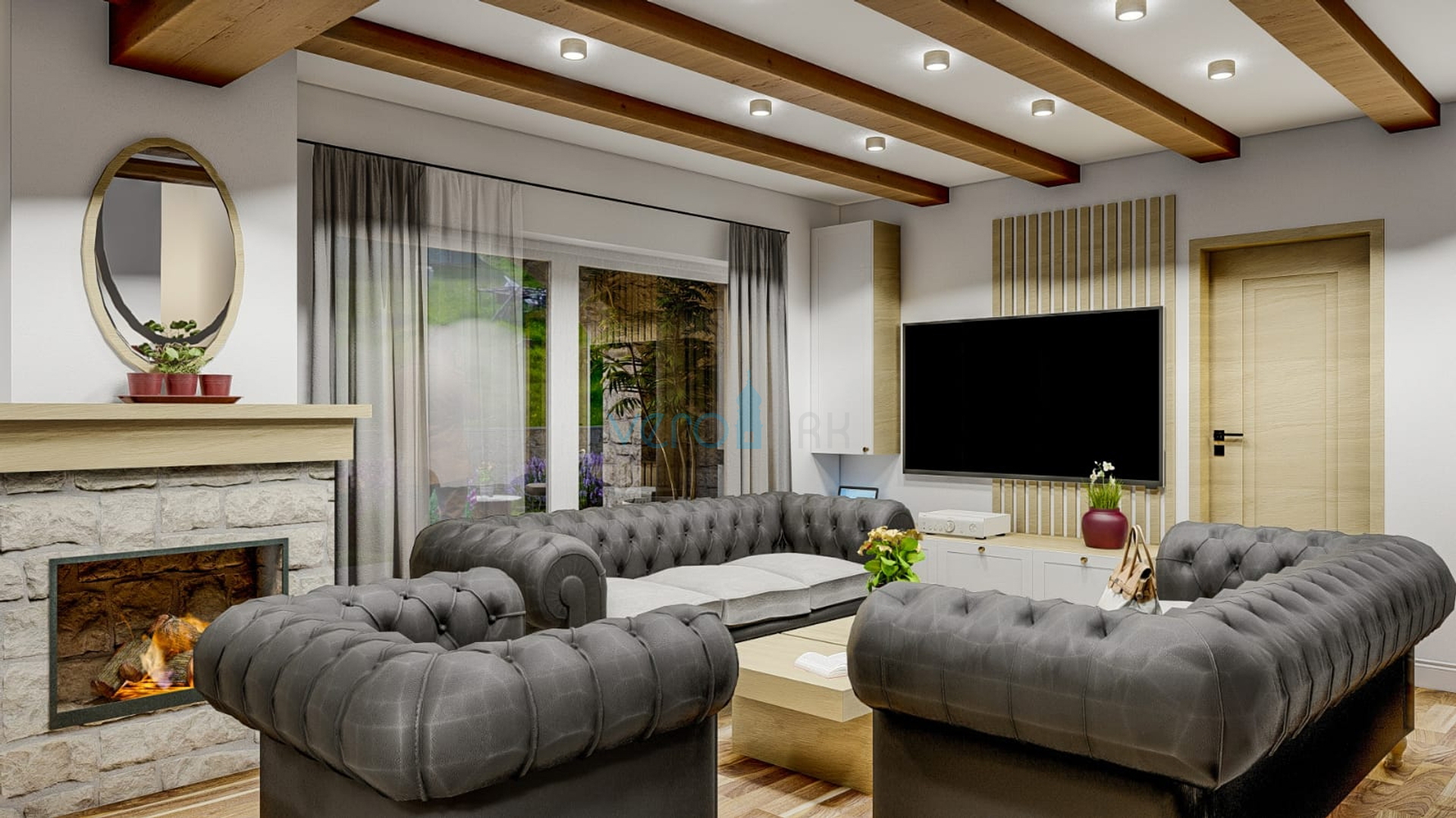 Grad Krk, okolica, nova kamena kuća sa bazenom i panoramskim pogledom na more, prodaja