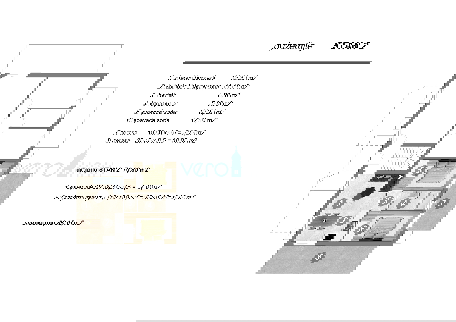 Island of Krk, Omišalj, 2-bedroom apartment on the ground floor with terraces and 2 parking spaces, new construction, sale