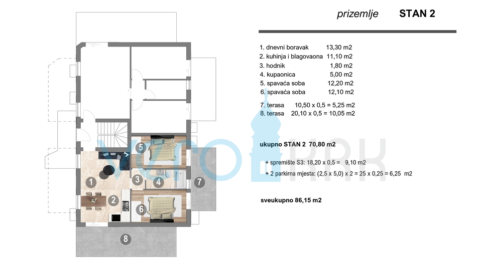 Insel Krk, Omišalj, 2-Zimmer-Wohnung im Erdgeschoss mit Terrassen und 2 Parkplätzen, Neubau, Verkauf