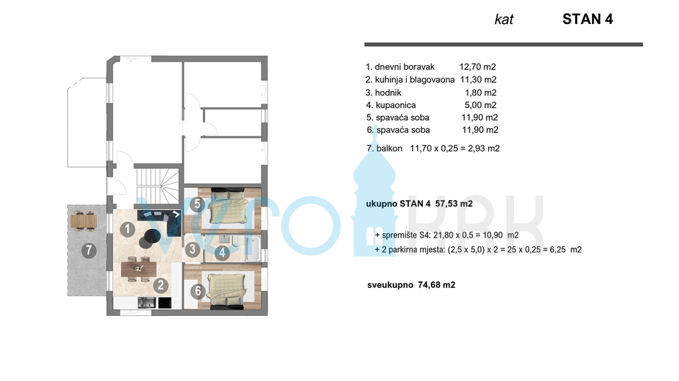 Insel Krk, Omišalj, 2-Zimmer-Wohnung im 1. Stock mit Balkon und 2 Parkplätzen, Neubau, Verkauf