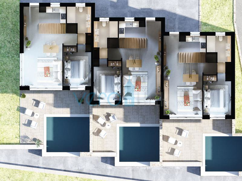 Otok Krk, Grad Krk, bliža okolica, kompleks tri vile u nizu sa bazenima na odličnoj lokaciji, pogled na more, prodaja