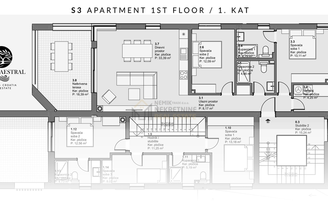 VODICE-NOVOGRADNJA-DVOSOBAN STAN NA 1. KATU
