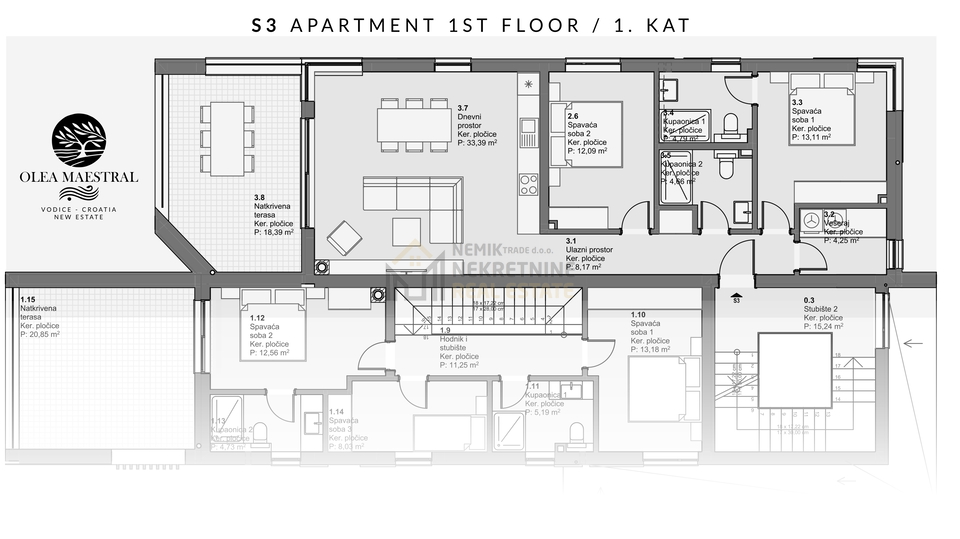VODICE-NOVOGRADNJA-DVOSOBAN STAN NA 1&period; KATU