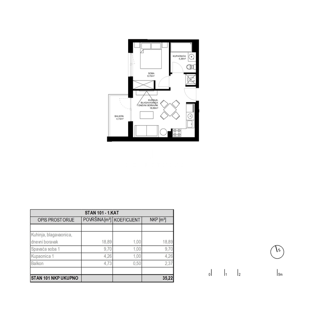 ODRA- stanovi u novogradnji -  S101- I kat- Stan 28,16 m2 (1S) i VPM = 94.480,00 Eur