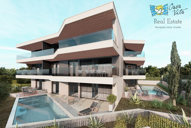 Istria, Ližnjan, appartamento con piscina, 127m2, 3 camere da letto, vista mare, NUOVO!!